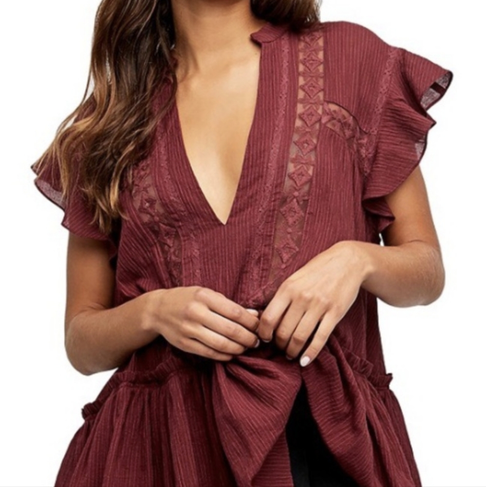 Free People Baby Blues Lace Trim Tunic Lovebird Combo Burgundy Red Small